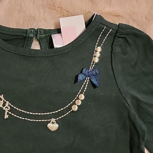 JANIE AND JACK FOREST GREEN LONG-SLEEVE TOP WITH GOLD TRIM, SIZE 6-12 MOS. - NEW - Picture 3 of 8